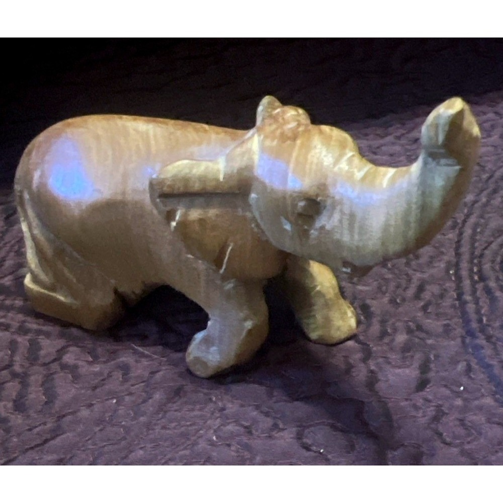 Vintage 5x2x3 Elephant Sitting Hand-Carved Wood Wooden Figurine Trunk Trumpeting